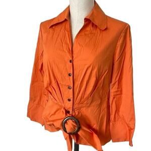Carlisle Blouse Orange Top Faux Tie Waist Button Up Shirt 3/4 Sleeves Size 6